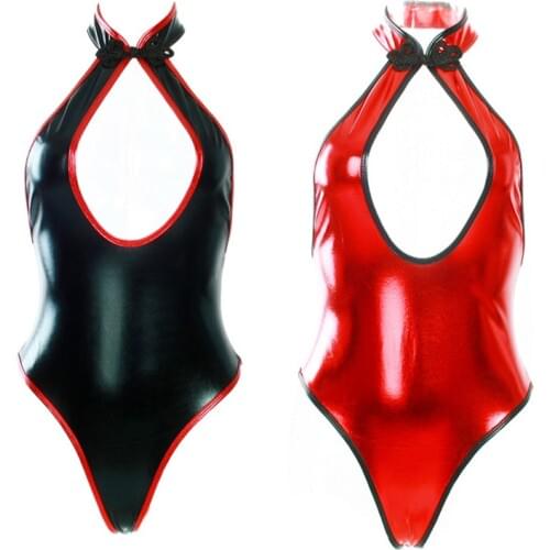 Sexy Lingerie Women Wet Look Open Front Chinese Style Bodysuit Bow Collar Backless Halter Teddies Open Back Bikini Suit Catsuit