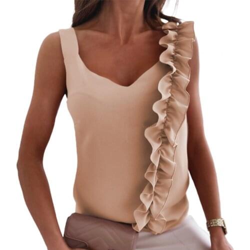 Chic Women Blouse Sleeveless Solid Color Ruffle Shoulder Strap Top Vest Streetwear for Office