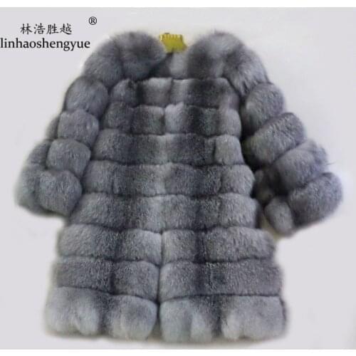 Linhaoshengyue Silver and Blue Fox Fur Coat Real Fox Fur Women Long Coat