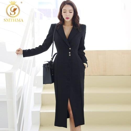 SMTHMA 2021 New Korean Dress Womens Office Black Chic Dress Long Sleeve Single-Breasted Autumn Elegant Long Dresses Vestidos