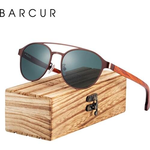 BARCUR Brand Round Design Laminated Ebony Wood Temple Women Sunglasses Metal Frame Polarized Lens Man Sun Glasses UV400