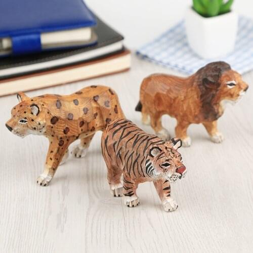 Tiger/Lion/Leopard/Zebra/Giraffe Zoo Hand Painted Solid Wood Animals Carved Statue Creative Gift for Kids Fairy Garden Decor