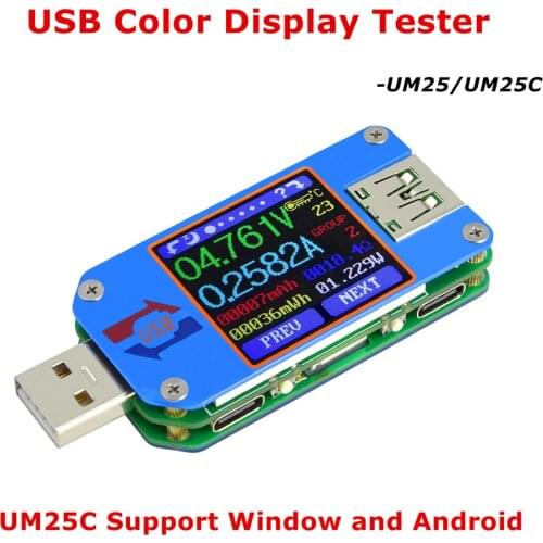 UM25C/ UM25 Voltmeter ammeter battery charge measure cable resistance USB 2.0 Type- C Color LCD voltage current meter Tester