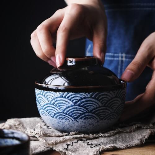 ANTOWALL Japanese Ceramic Retro Hand-painted Bowl Stewed Steamed Egg Stew Soup Bowl with Lid Tureen
