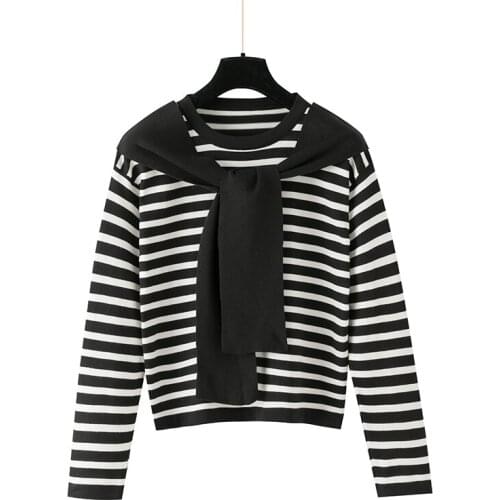 Spring New Womens Knitting Sweater Long Sleeve O Neck Slim Thin Casual Knitwear Spliced Striped Basic Simple Knit Pullover Femme