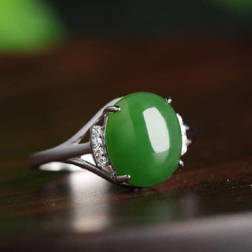 S925 Silver Inlaid Hetian Jasper Jade Ring With Certificate Natural Jade Sterling Silver Live Mouth Female Ring