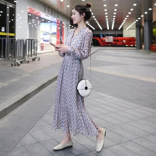 2020 Autumn Chiffon Dress Women Vintage Floral Printed Lady Dress Light Mature V Neck Long Sleeve Slim Fit Korean Style Vestidos