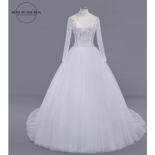 Vestido De Noiva Romantic Customized Lace Beading Wedding Dress 2019 Halter Illusion Zipper Long Sleeves Wedding Gowns