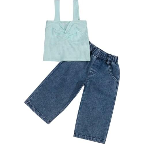 2 Pcs Toddler Summer Outfits, Girls Solid Color Twist Knot V-neck Tank Top + Jeans with Pockets