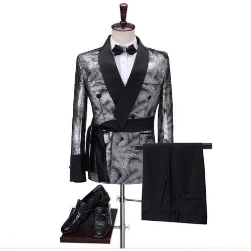 2020 Smoking Jacket Silver Double Breasted Men Suits For Wedding Shawl Lapel Slim Fit Groom Tuxedo Formal Wedding Groomsmen