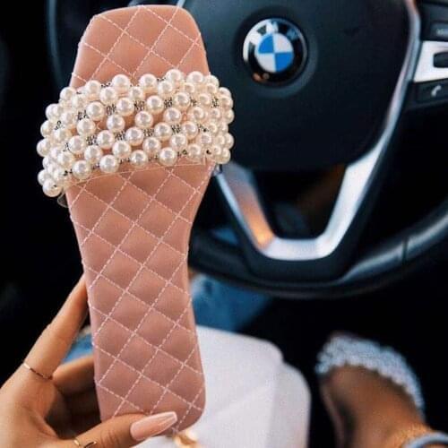 2021 Summer New Pearl String Bead Slippers Womens Flat Sandals Beach Shoes Casual Slippers Female Womens pearl Shoes