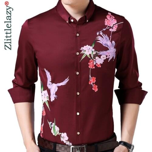 2020 Brand Casual Luxury Bird Long Sleeve Slim Fit Men Shirt Streetwear Social Dress Autumn Shirts Mens Fashions Jersey 92335