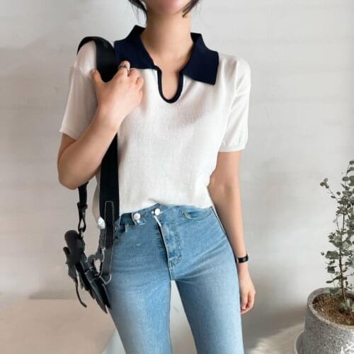 Color-blocked Knitted Pullover Sweater Women Short Sleeve V-neck Knitwear Tops Korean Casual Fashion Loose Jumpers Femme 2021
