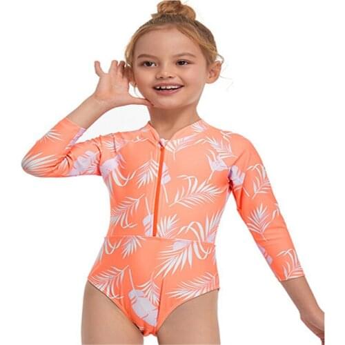 Kids Girls Swimwear One Piece Long Sleeve Plant Print Swimsuit Stylish Bathing Suit for Children Girls Summer Beach Swimming