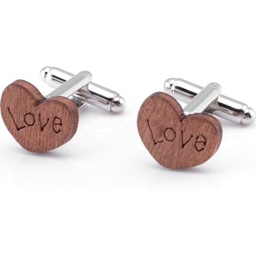 Retro Love Heart Wooden Heart French Cufflinks for Mens Jewelry Mens Shirt Decoration Cuff Links Wedding Men Accessories Gifts