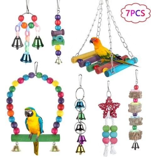 Parrot Bird Toys Bird Swings Hanging Chewing Toys with Bells Hammock Wooden molars for Small birds Parakeets Cockatiels Macaws
