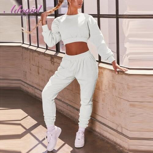 Fitness Rib Knitted Sportwear Two Piece Sets Women Solid Long Sleeve Crop Tops Hoodies Legging Sweatpants Suit Joggers Tracksuit