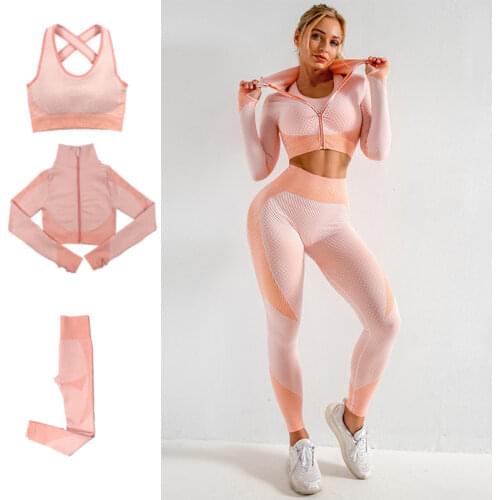 2021 Sexy Fitness Three Pieces Womens Sets Long Sleeve Slim Zipper Gym Female Tops High Wasit Seamless Elasticity Ladies Suits