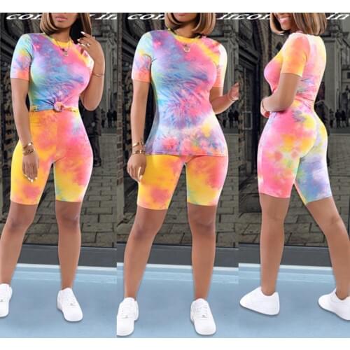 Two Pieces Joggers Suit Women Running Sets Tie Dye Print Sportswear Tracksuit Skinny Outfit Female Short Sleeve Tops+Shorts