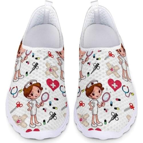 New Cartoon Nurse Doctor Print Women Sneakers Slip on Light Mesh Shoes Summer Breathable Flats Shoes Zapatos Planos