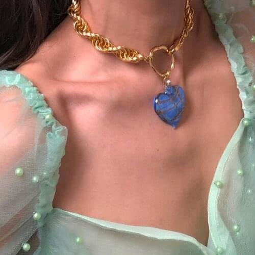 Brass With 18K Gold Blue Heart Statement Necklace Designer T Show Runway Gown Rare INS Japan Korean Boho Gothic Hip Hop Top