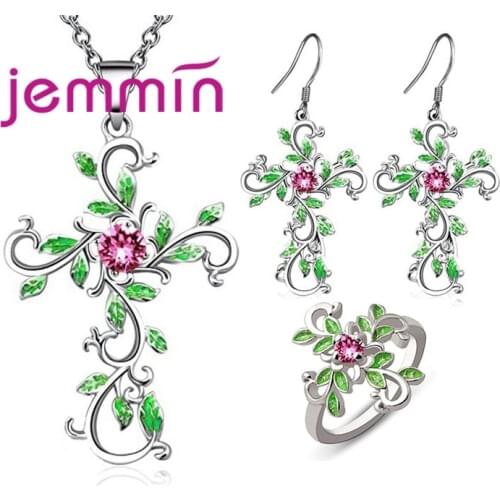 Fashion Charming Flower Leaves Shape Jewelry Set For Women 925 Sterling Silver Pendant Necklace Hoop Earrings Rings