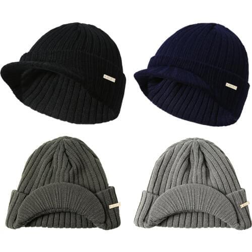 Mens Knit Beanie Hat with Visor Brim Winter Baseball Cap Newsboy Skull Cap