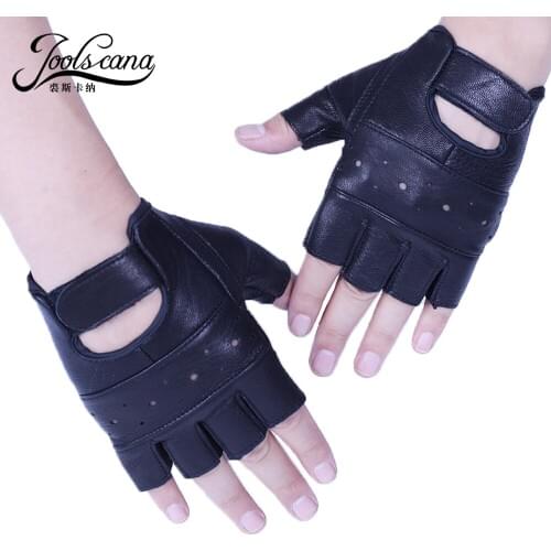 Joolscana leather gloves men fingerless mitten half finger with Breathing hole spring summer autumn driving genuine leather