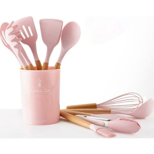 9pcs/box Pink Cooking Tools Set Premium Silicone Utensils Turner Tongs Spatula Soup Spoon Non-stick Shovel Oil Brush Kitchenware