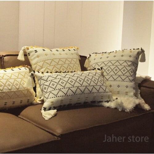 Home Decor Embroidered Cushion Cover with Tassel Pillowcase Canvas Cotton Square Embroidery Pillow Cover Nordic Style 2 Sizes