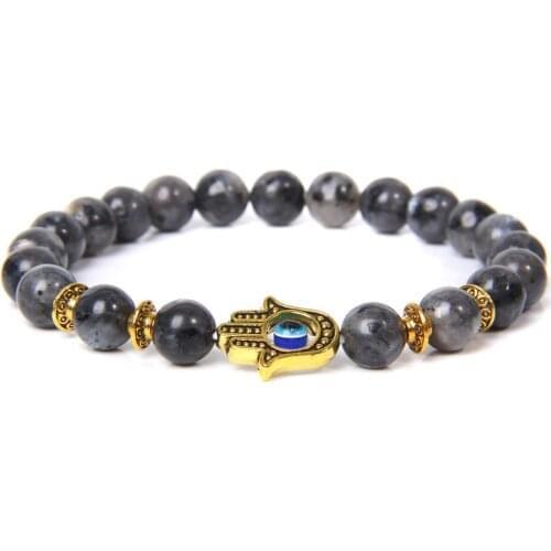 New Men Women Beads Bracelet Natural Labradorite Stone Hand Of Fatima Hamsa Hand Charm Bracelet Evil Eye Amulet Bracelet Jewelry