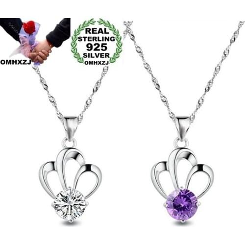 OMHXZJ Wholesale European Fashion Woman Girl Party Gift Crown Amethyst Zircon 925 Sterling Silver Necklace Pendant Charm CA67