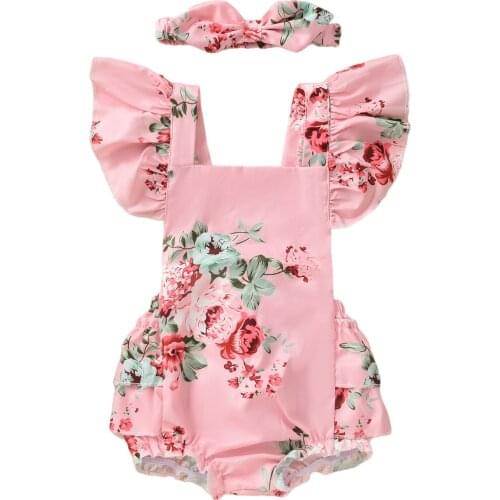 0-12Months Newborn Baby Girl Floral Outits Summer Fly Sleeve Square Collar Bodysuit Backless Ruffles Tutu Playsuit with Headband