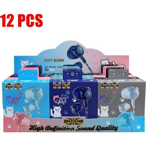 12 Pcs Cartoon Wired Earphone 3.5mm In Ear Wired Headset With Mic Cat Headphone For IPhone Samsung Xiaomi Girl Children Gift Set