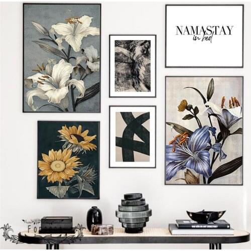 Retro Sunflower Daylily Oil Painting Prints On Canvas Geometric Pattern Namastay In Bed Poster Hotel Bedroom Background Picture