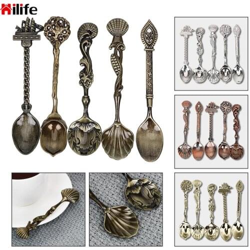 Carved Ice Cream Dessert Spoon Vintage Royal Style Small Tea Coffee Spoon for Snacks Party 5pcs/set Stainless Steel Spoon Sets