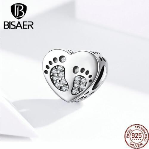 Baby Footprints BISAER 925 Sterling Silver I LOVE YOU MY BABY Charms Footprints Beads fit Children Bracelets DIY Jewelry ECC1395