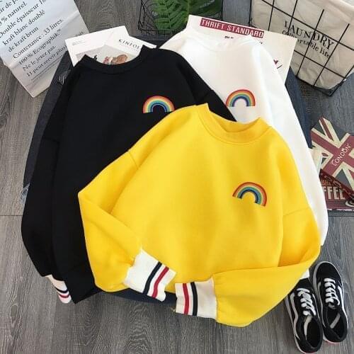 UVRCOS Winter Rainbow embroidery fleece Hoodies Women korean Kawaii Sweatshirts oversized hoodie girls Streetwear