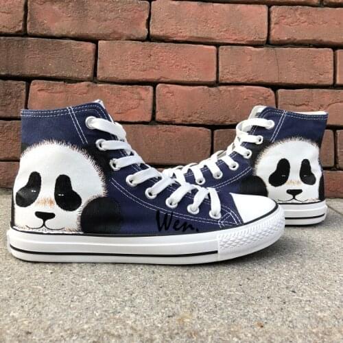 Wen Original Hand Painted Shoes Design Custom Cute Panda Women Mens High Top Blue Canvas Sneakers Boys Girls Gifts