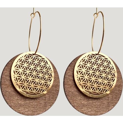 Vintage Silver Metal Circle Natural Wood Disc Hoop Earrings for Women Fashion Gold Filigree Round Earrings Jewelry Wholesale