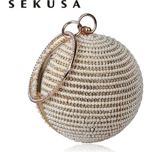 SEKUSA Beaded Women Evening Bag Metal Diamonds Purse Small Day Clutch Chain Shoulder Crystal Handbags For Party Wedding