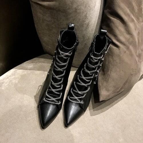 YMECHIC Punk Gothic Chain Cross Strap Stiletto Sexy High Heels Pointed Toe Silver Black Ankle Riding Womens Boots Shoes Winter