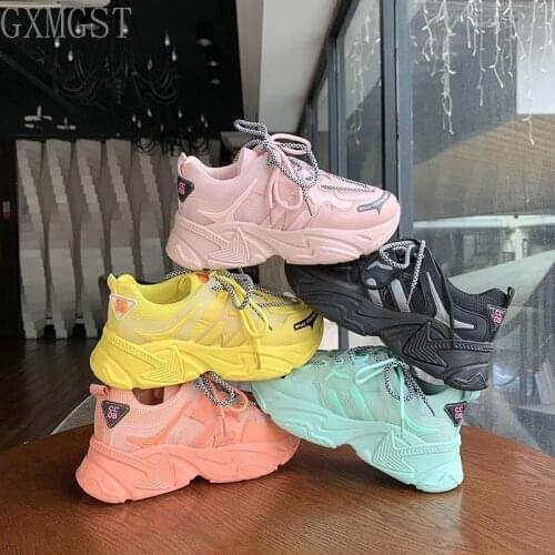 HOT 2021 Sneakers Women Platform Casual Shoes Fashion Sneakers Platform Basket Femme Yellow Lace-Up Casual Chunky Shoes 35- 40