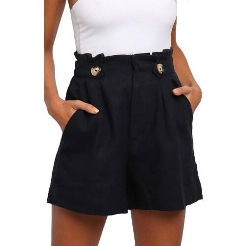 Summer Shorts Women Solid High Waist Ruffles A-line Shorts Button Decor Loose Straight Short Pants Casual Female Wide Leg Shorts