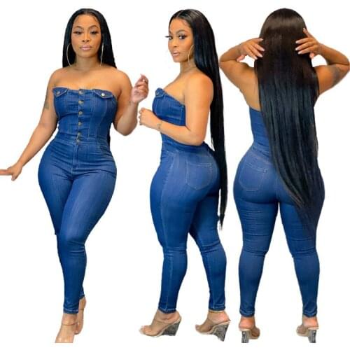 Sexy Backless Denim Jumpsuit Women Elegant Off Shoulder Sleeveless Pencil Pants Jean Women Jumpsuit Night Club Overalls Romper