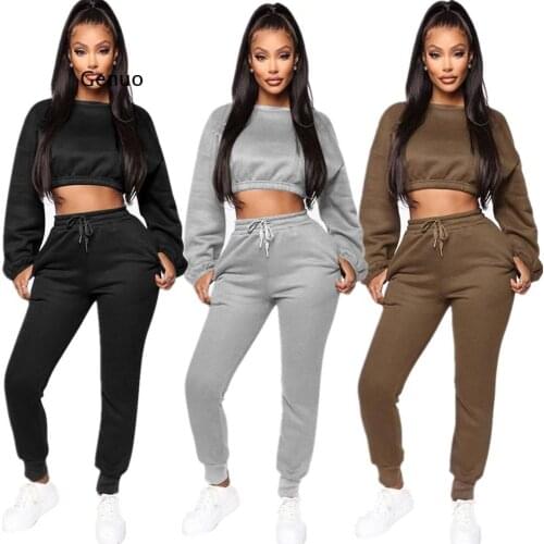 New Winter Thick fleece Hoodies Tops Pants Two Piece Set Women Tracksuit Crop Top Trousers Casual Sportswear Matching Suits