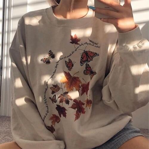 B-TOTO Bm American Retro Round Neck Butterfly Print Sweater Women Ins Trendy Khaki Loose 2021 Fashion European And American