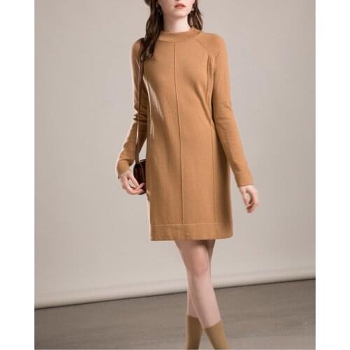 100% goat cashmere thick knit women fashion mid long sweater pullover dress half high collar S/M/L retail wholesale