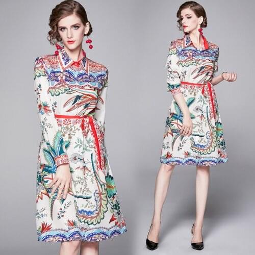 England Style Women Summer Elegant Lace Up Single Breasted Shirt Dresses Casual Designer Print High Quality Fashion A-Line Dress