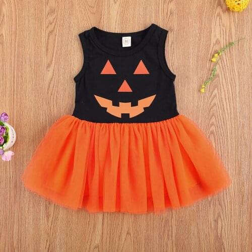 0-3Y Halloween Infant Baby Girls Dress Pumpkin Print Sleeveless Lace Mini Tutu Sundress Holiday Clothes